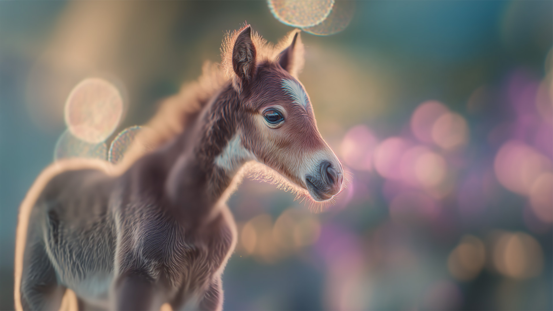 A close-up of a young brown foal with a white stripe on its face, standing outdoors in soft, warm light with a blurred, colorful background.