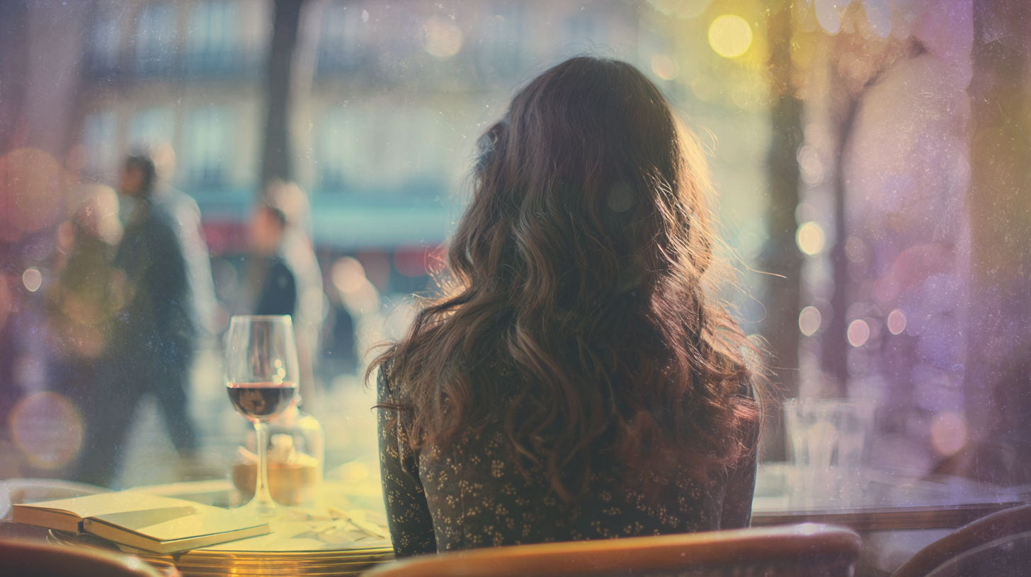 A woman with wavy brown hair sits alone at an outdoor café table with a glass of red wine and an open book, soaking in the healing calm and quiet sense of connectedness as she gazes out at a sunlit, blurred street scene.