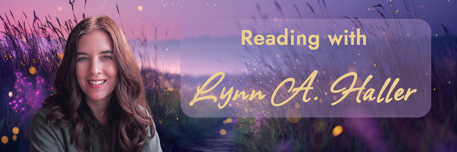 A smiling woman with long brown hair is on the left side of an image with a purple field and glowing lights. Text reads, Reading with Lynn A. Haller.