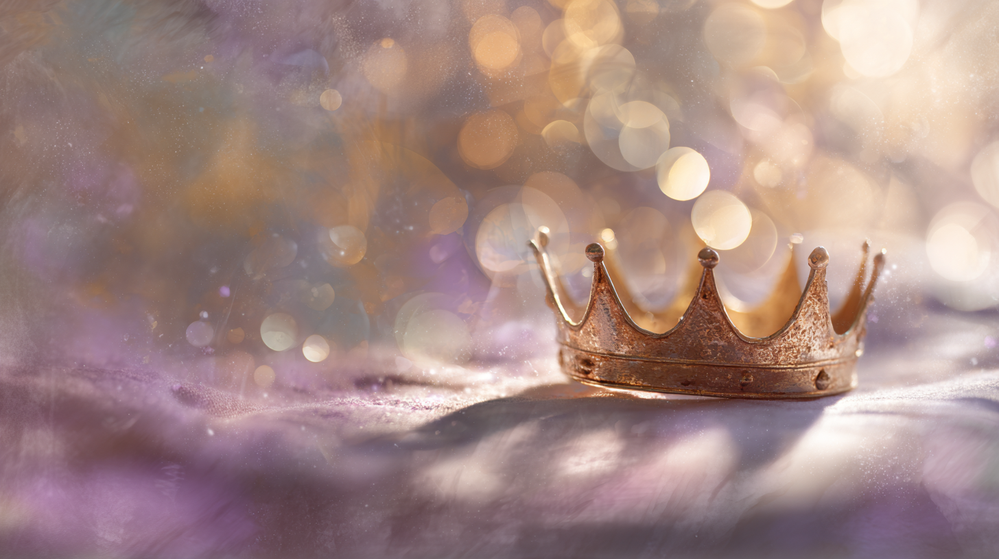 A golden crown with jeweled accents rests on a soft, purple surface. The background glows with warm bokeh lights, creating a dreamy atmosphere fit for the Only King, radiating clarity and timeless magic.