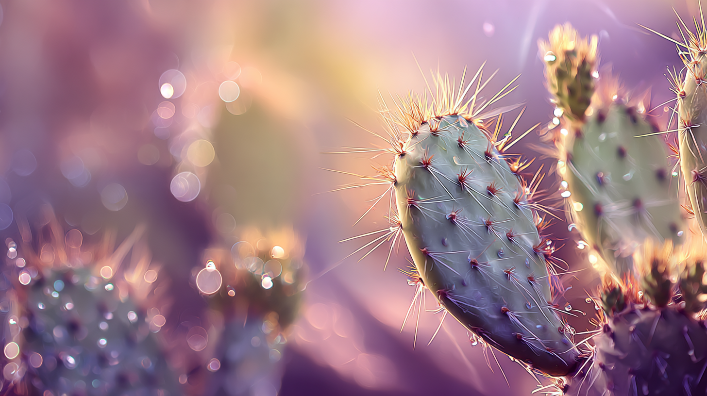 A prickly pear cactus in soft focus with dreamy purple and gold bokeh lighting