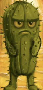 Illustration of the Cactus character from The Hallway of Doorknobs, a green cactus-shaped figure with a grumpy expression standing in a desert