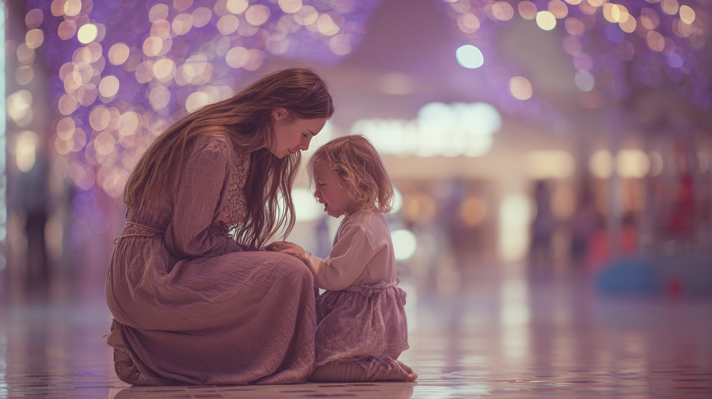 A mother sitting on a mall floor with a small child, leaning close together in a tender moment. Soft purple and gold tones with bokeh lights in the background.
