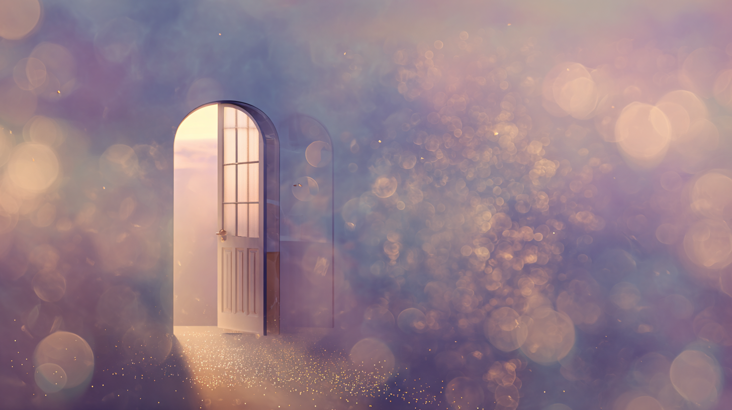 A dreamy, ethereal image of a white arched door standing open with light streaming through, surrounded by soft purple and gold bokeh. The scene evokes stepping into something new.