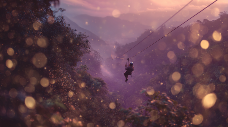 A person ziplining high above a misty rainforest valley, surrounded by soft purple and gold bokeh with mountains in the background.
