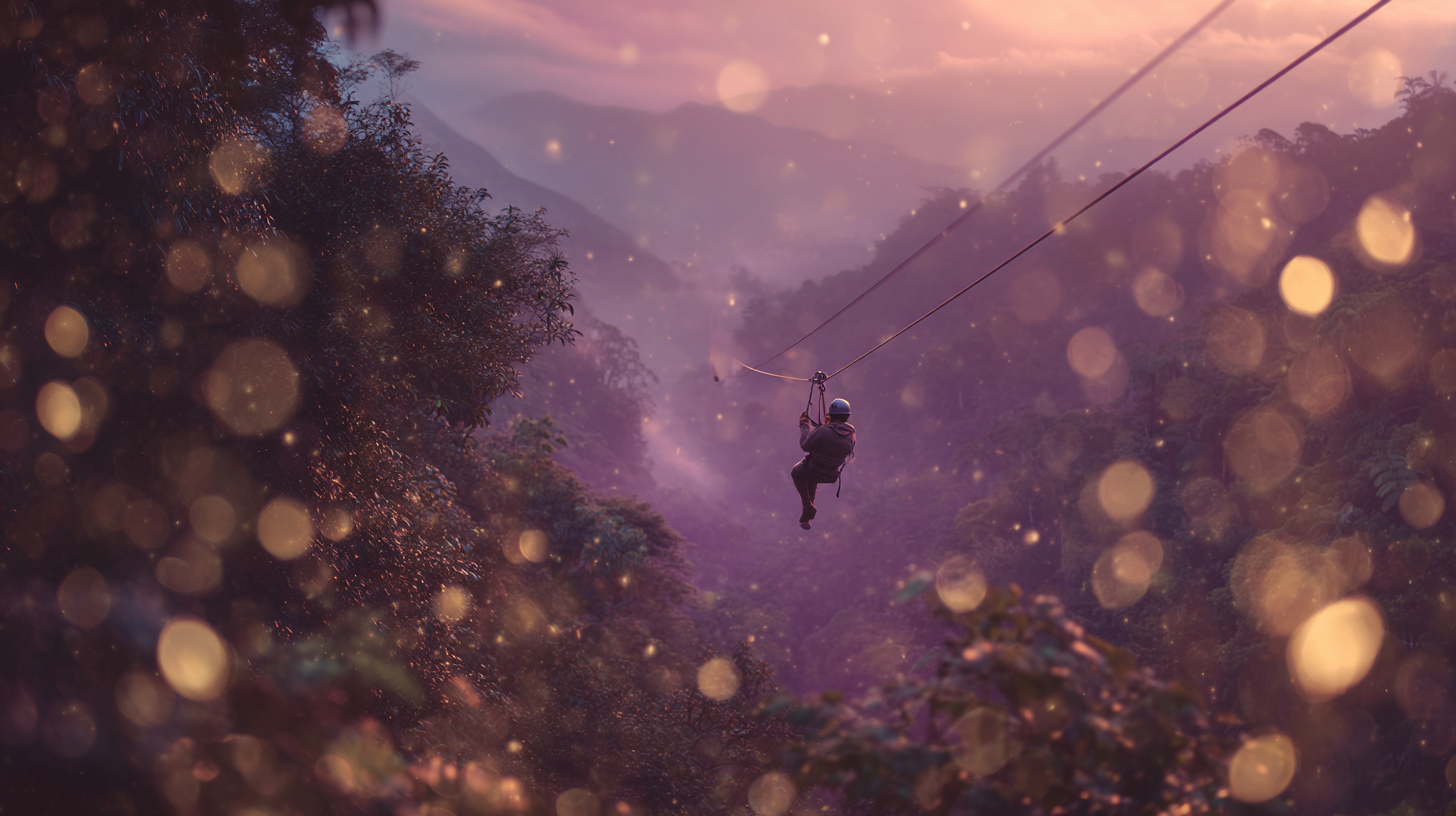 A person ziplining high above a misty rainforest valley, surrounded by soft purple and gold bokeh with mountains in the background.