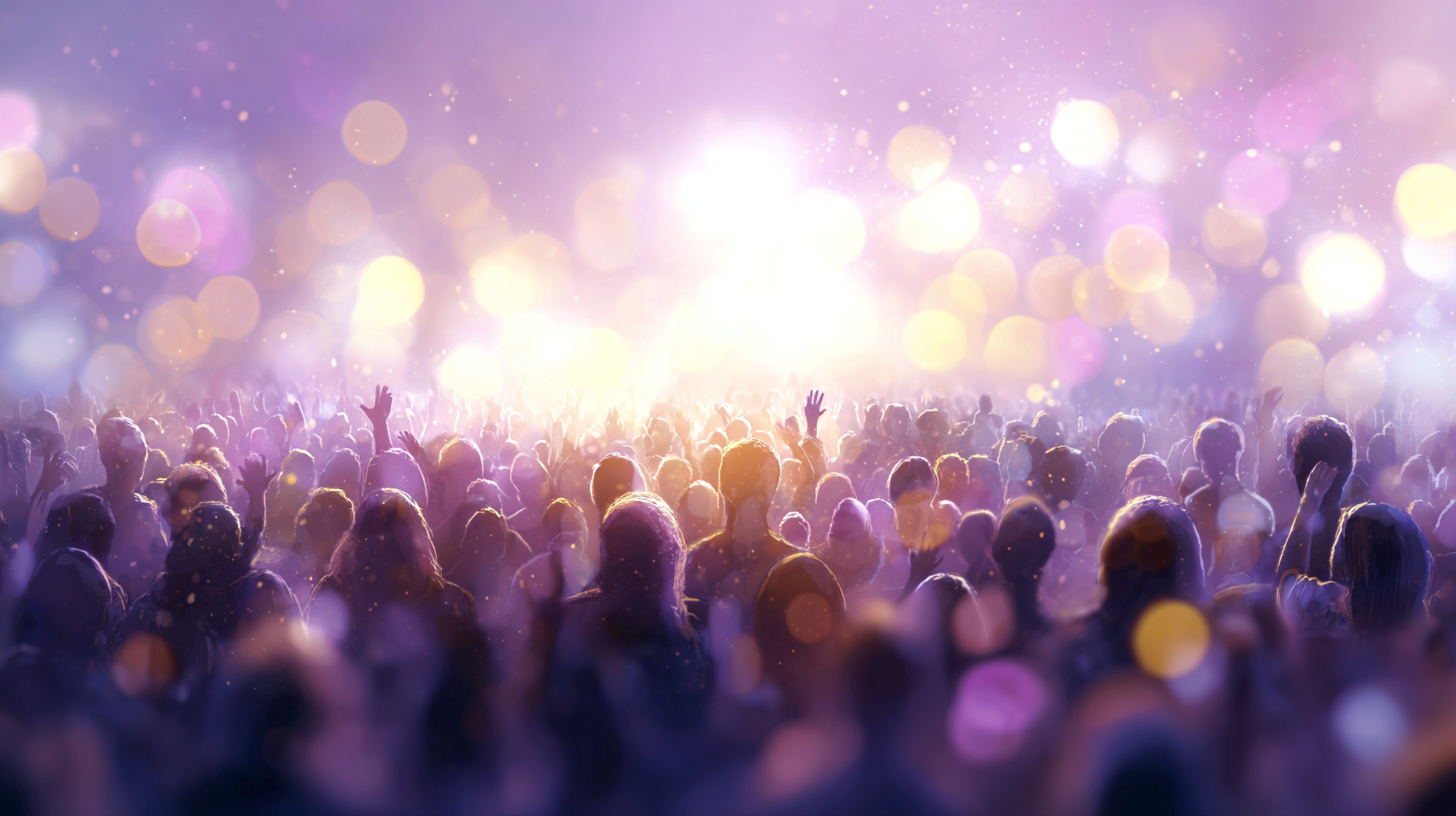A dreamy, soft-focus crowd bathed in purple and gold light with hands raised, evoking the energy of a live concert or shared creative experience.