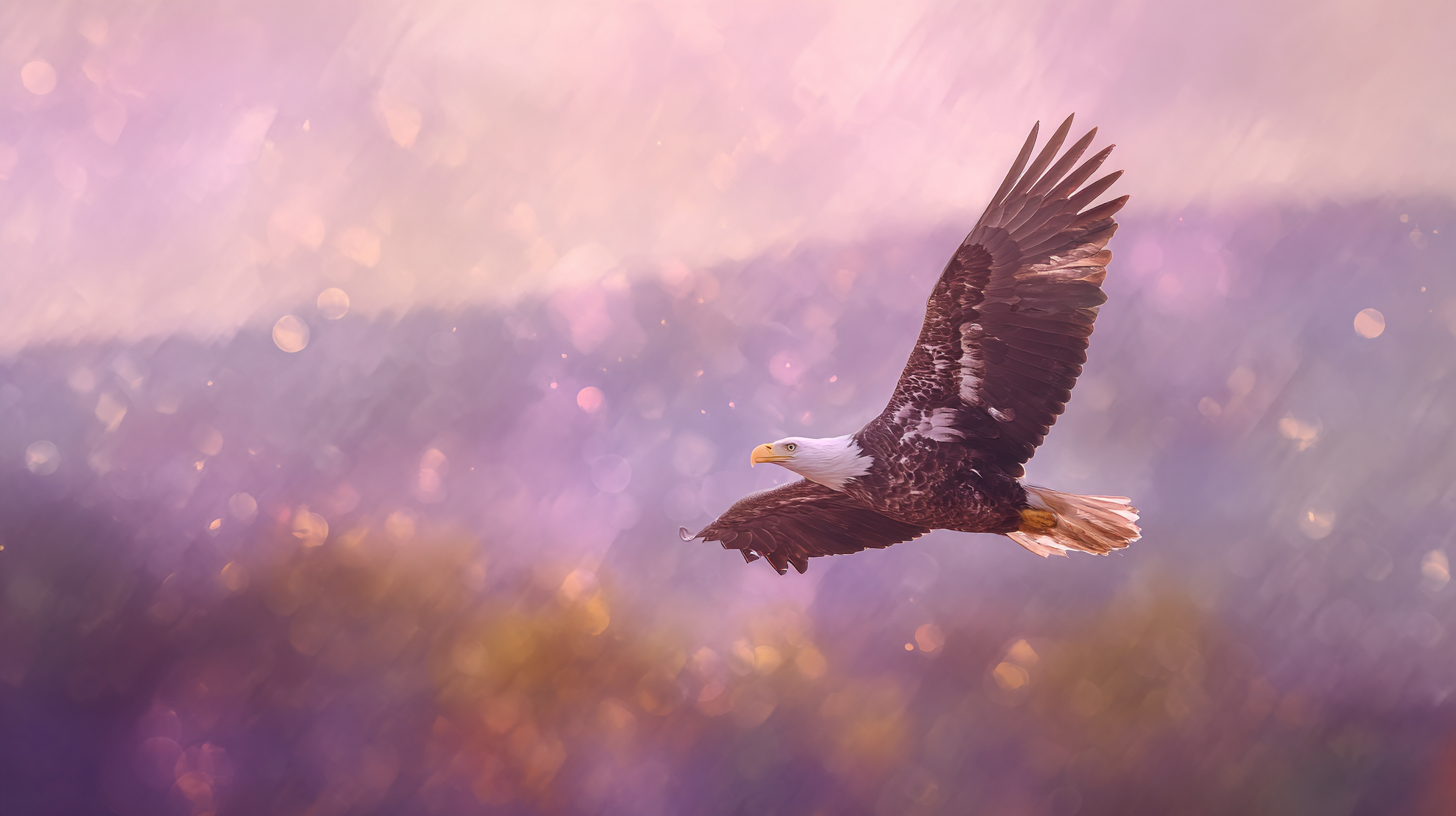 A bald eagle soaring with wings spread wide against a soft purple and gold bokeh sky.