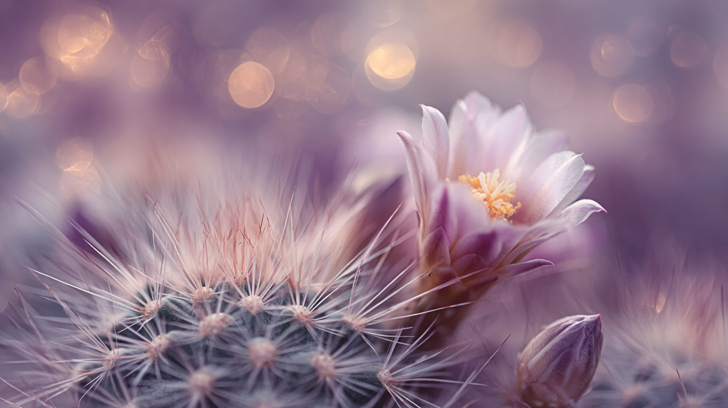 A close-up of a cactus with sharp spikes in the foreground and a soft purple bloom opening in the background, with dreamy bokeh lighting in purples and golds.