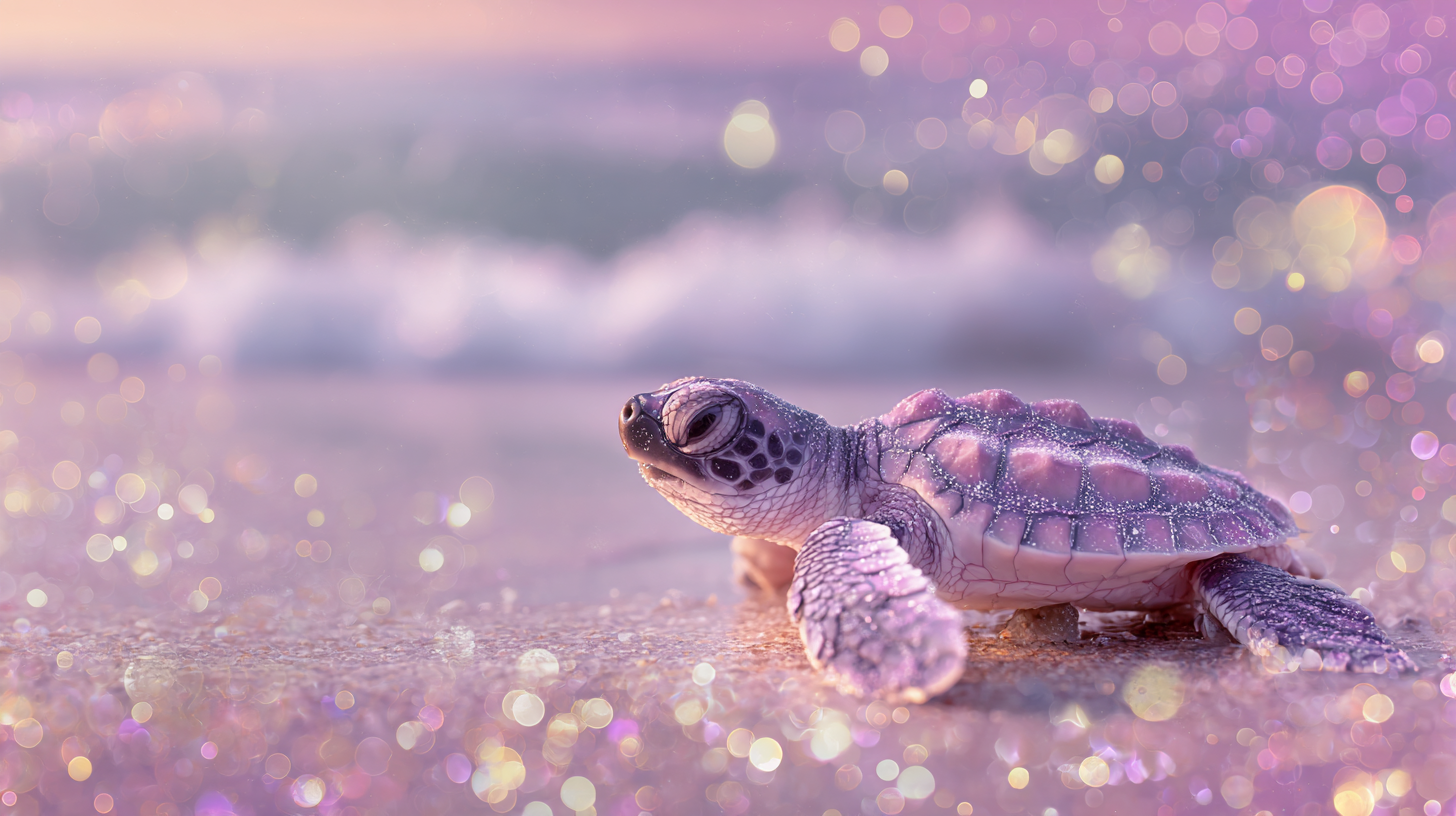A baby sea turtle making its way across wet sand toward the ocean at sunset, bathed in soft purple and gold light with bokeh in the background.
