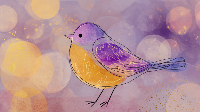A hand-drawn watercolor bird in purple and gold tones with delicate line work, set against a soft purple and gold bokeh background.