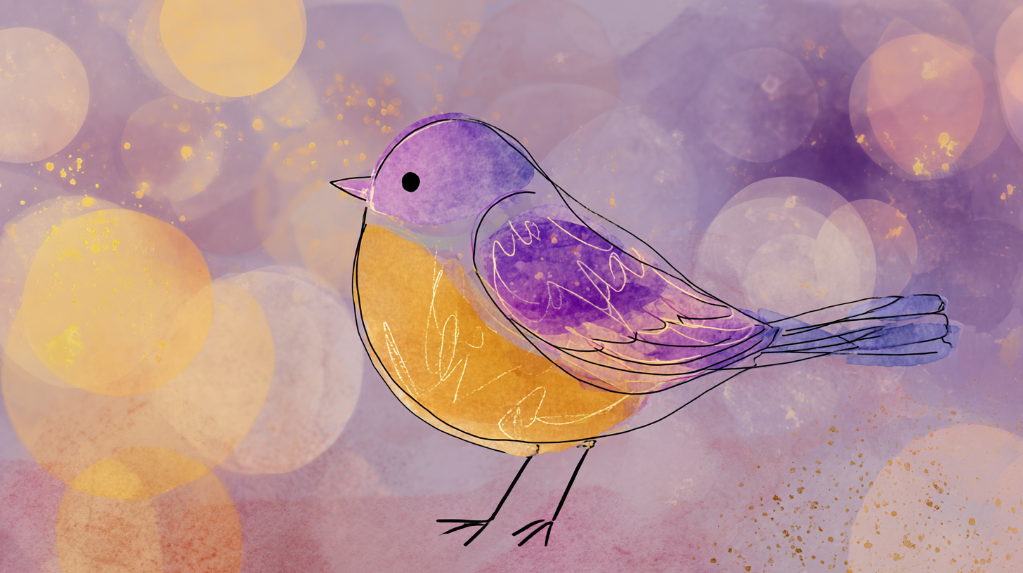 A hand-drawn watercolor bird in purple and gold tones with delicate line work, set against a soft purple and gold bokeh background.