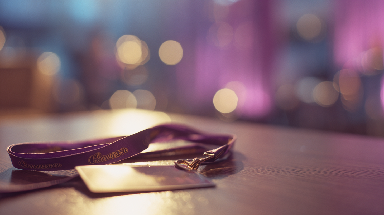 A purple convention lanyard and badge resting on a wooden table with soft purple and gold bokeh in the background.