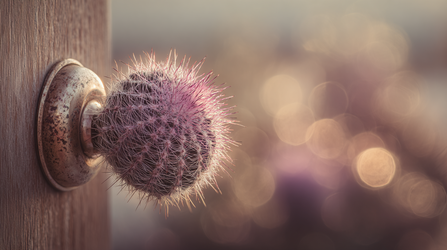 A round purple cactus-shaped doorknob on a wooden door, covered in soft glowing spines, with warm gold and purple bokeh in the background.