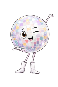 Disco, a character from The Hallway of Doorknobs, illustrated as a sparkly disco ball with a winking face, outstretched arm, and white cowboy boots.