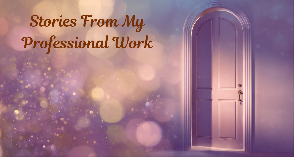 A closed arched door in soft blush and lavender tones surrounded by purple and gold bokeh, with the words "Stories from My Professional Work" in warm brown script on the left.