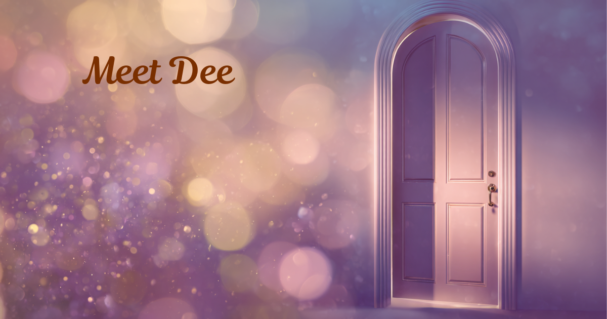 A closed arched door in soft blush and lavender tones surrounded by purple and gold bokeh, with the words "Meet Dee" in warm brown script on the left.
