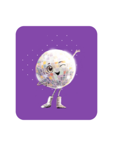 Disco, a sparkling disco ball character with arms, legs, and silver cowboy boots, winking and striking a confident pose against a purple starry background.