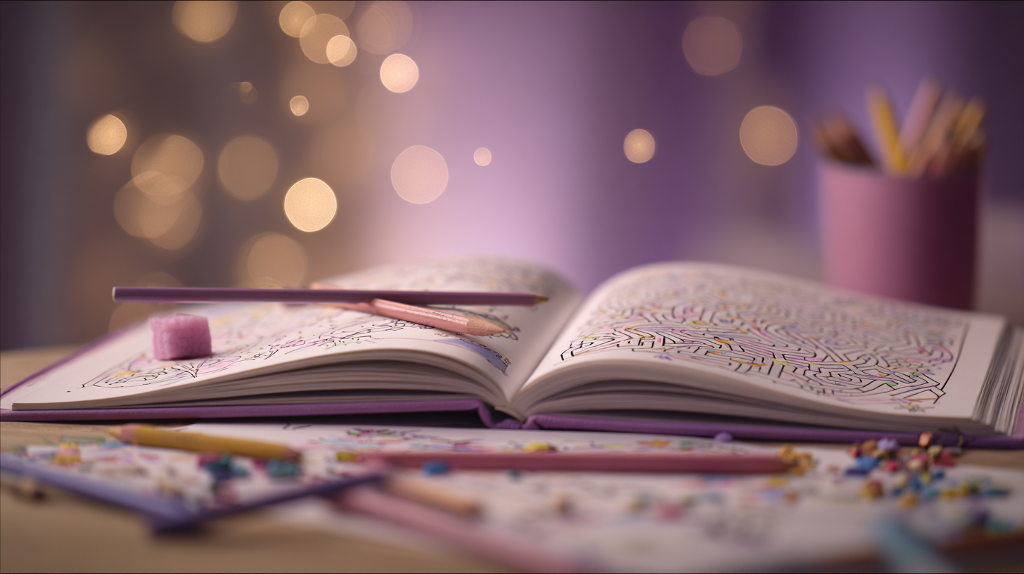 An open activity book with maze pages and colorful doodles, two pencils and a pink eraser resting on the pages, a cup of pencils in the background, soft purple bokeh lighting.