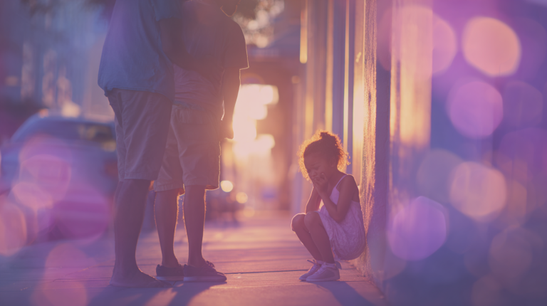 A young girl crouching on a city sidewalk at sunset, hands covering her face, with adult figures standing over her, bathed in soft purple and gold light with bokeh.
