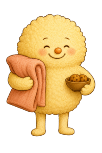 A soft illustrated character in warm golden tones holding a pink blanket and a bowl of cookies, with rosy cheeks and a gentle smile, from The Hallway of Doorknobs by Lynn A. Haller, illustrated by Justyna Nowosadko.