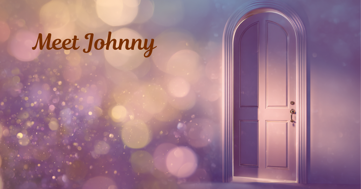 A closed arched door in soft blush and lavender tones surrounded by purple and gold bokeh, with the words "Meet Johnny" in warm brown script on the left.