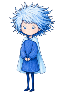 A wide-eyed illustrated child character in blue with wild spiky hair and a cape, hands clasped together, standing very still, from The Hallway of Doorknobs by Lynn A. Haller, illustrated by Justyna Nowosadko.