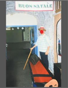 A handmade Italy section from a Christmas Around the World decorating contest, featuring a cardboard gondola, a Buon Natale sign, a painted stone archway, and a resident dressed as a gondolier with face obscured for privacy.
