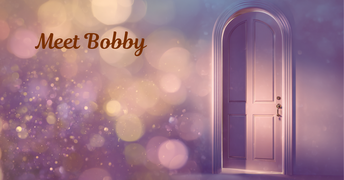A closed arched door in soft blush and lavender tones surrounded by purple and gold bokeh, with the words "Meet Bobby" in warm brown script on the left.