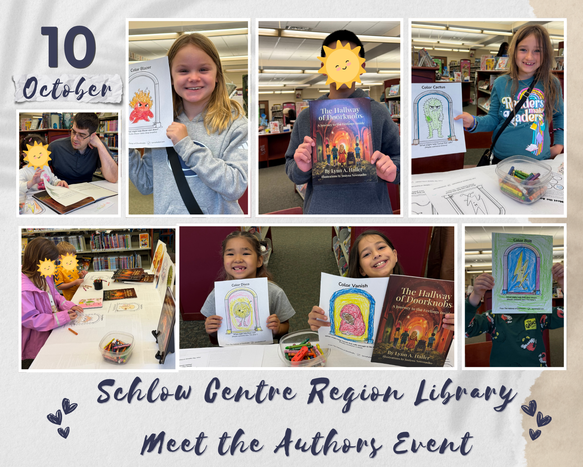 Photo collage from the Meet the Authors event at Schlow Centre Region Library. Smiling children hold up their colored character pages from The Hallway of Doorknobs and copies of the book, with author Lynn A. Haller helping at a table.
